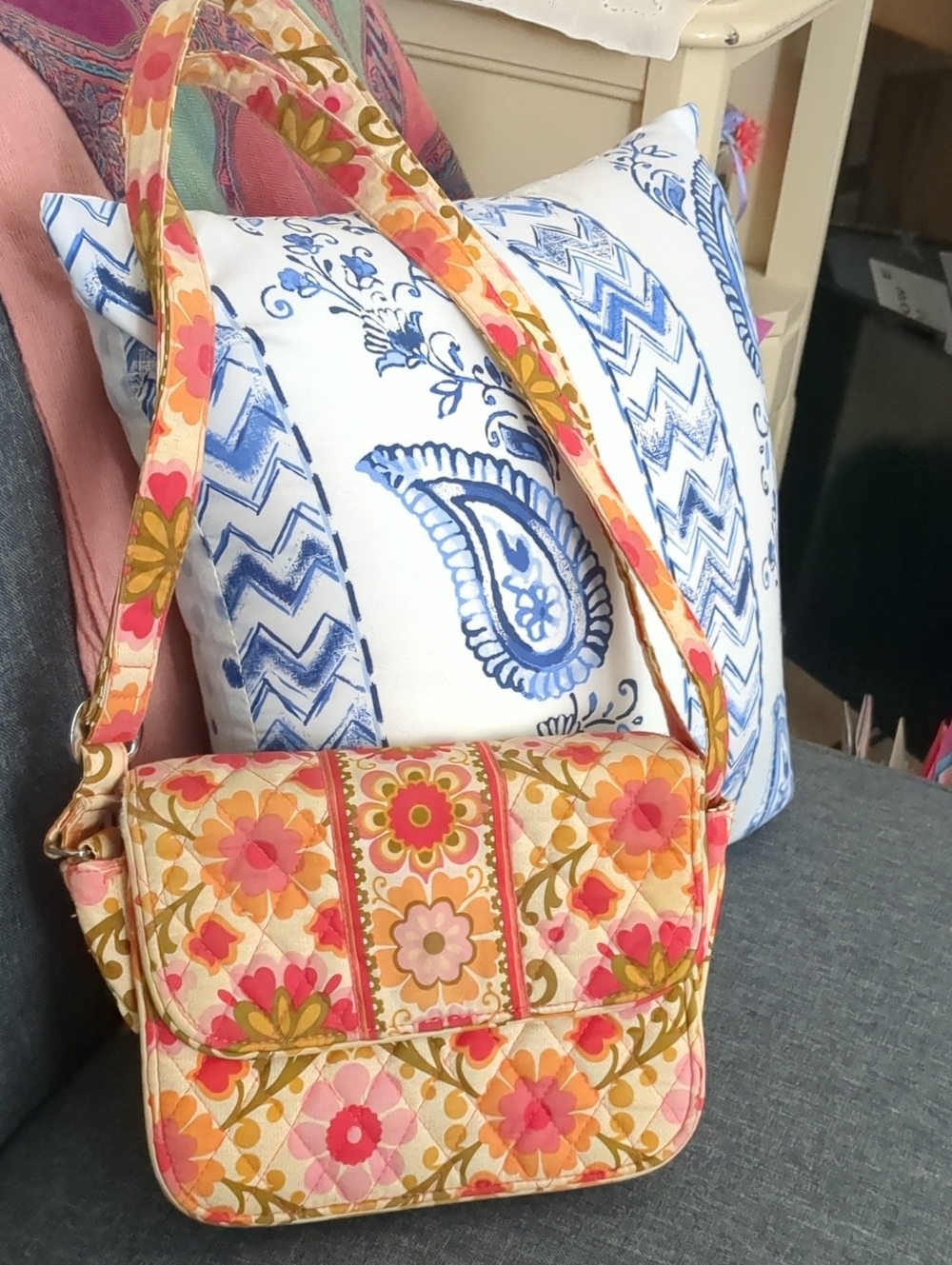 Vera Bradley Floral Quilted Crossbody in Pink and Orange